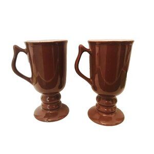 Two Irish Coffee Mugs Footed Pedestal Base Hall China Ceramic USA Brown Heavy